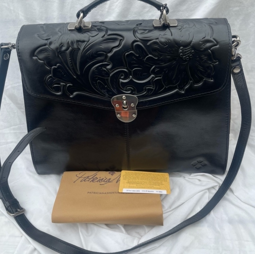 Patricia Nash Leather Brailes Portfolio Satchel Tooled Black